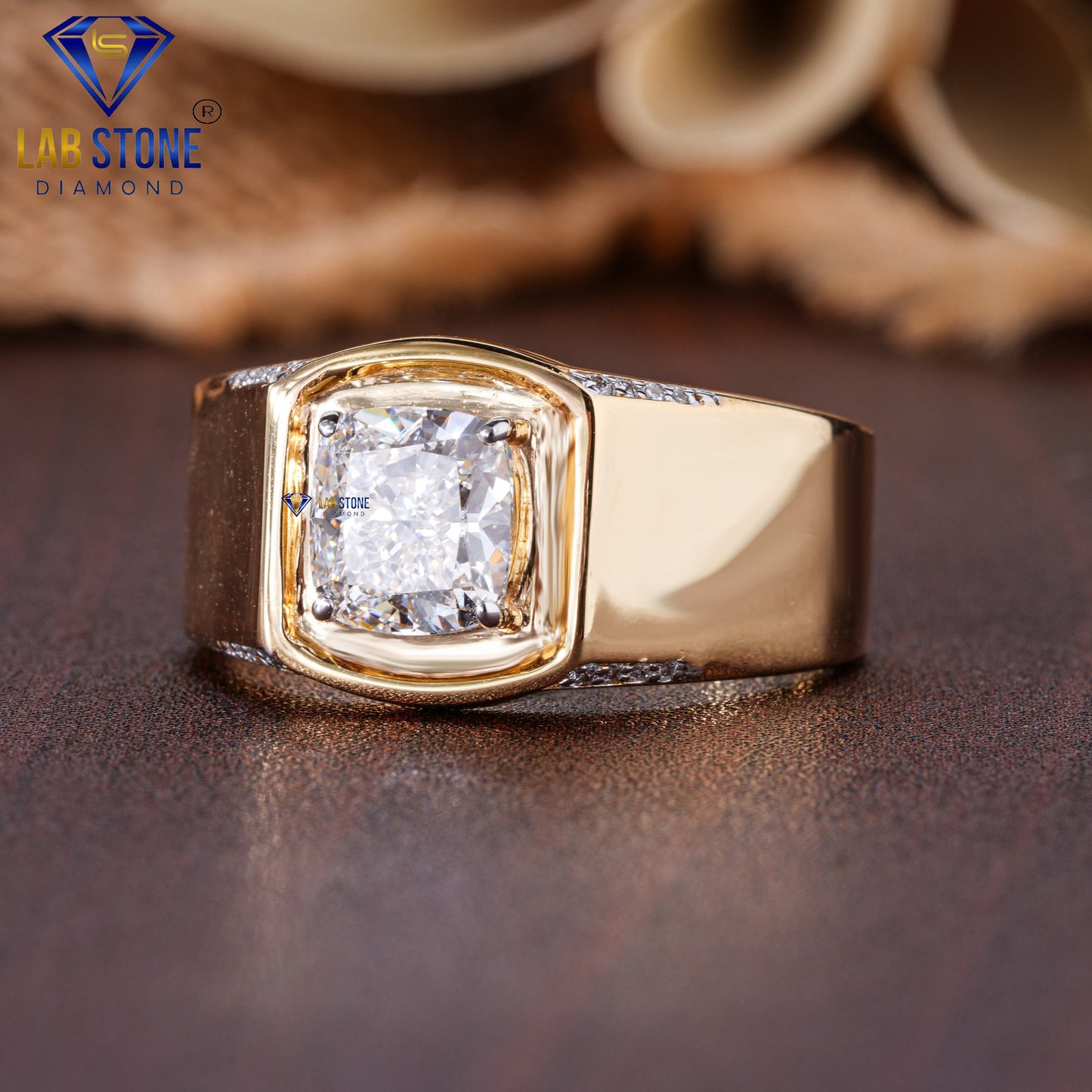 2.152 TDW Cushion & Round Cut Diamond Men's Engagement Ring