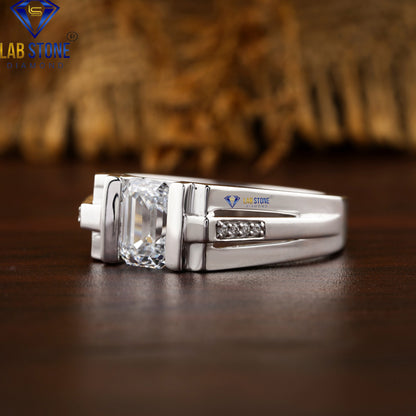 1.56 TDW Emerald & Round Diamond Men’s Engagement Ring