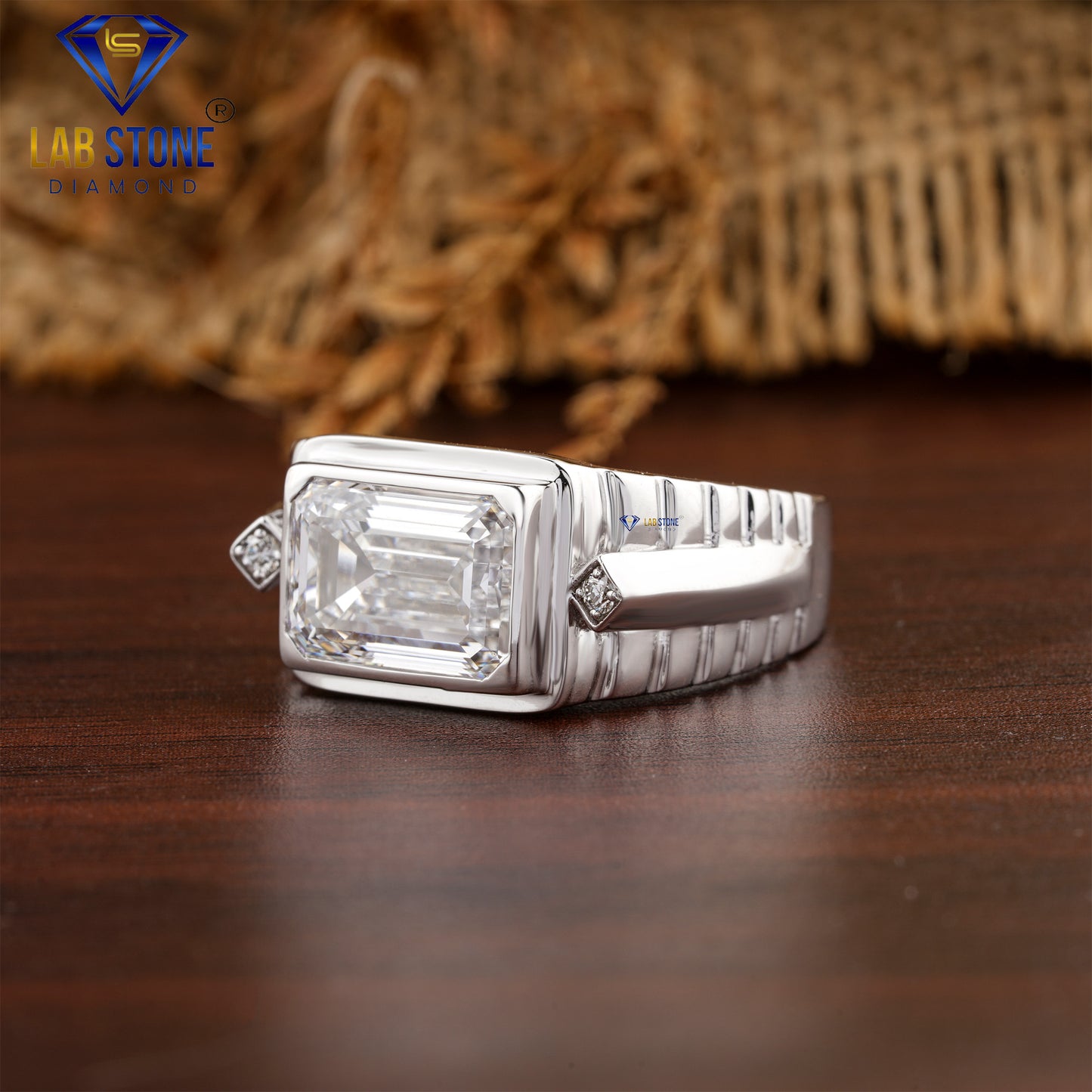 4.07 TDW Emerald & Round Cut Diamond Men's Engagement Ring