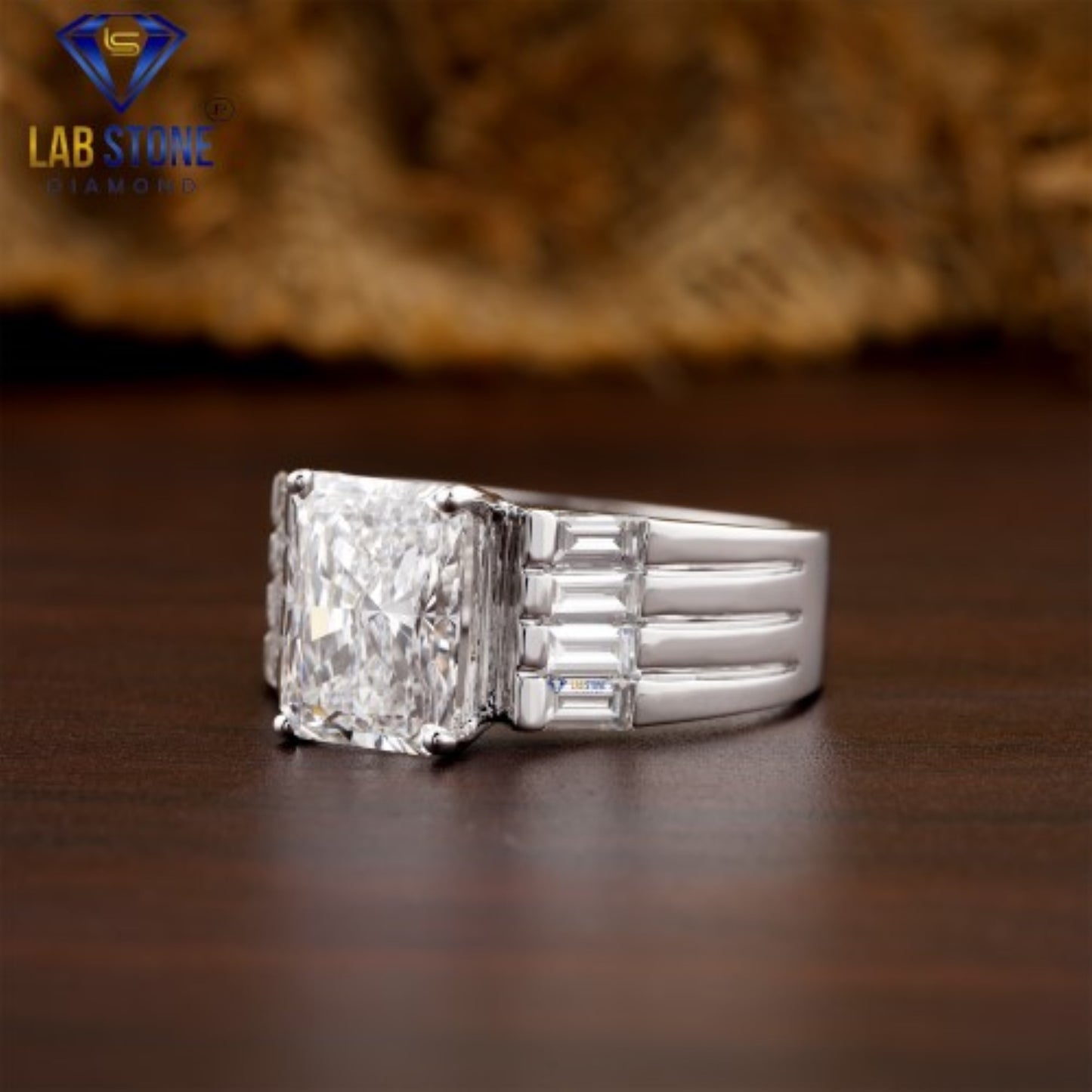 4.22 TDW Radiant & Baguette Cut  Diamond Men’s Engagement Ring