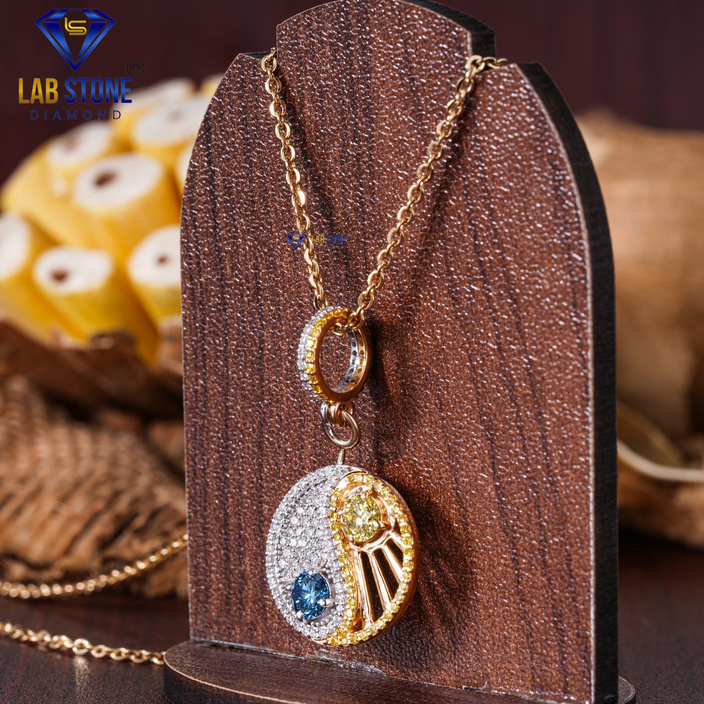 1.19 TDW Yellow & Blue Round Cut & Round Cut Diamond Custom Pendant