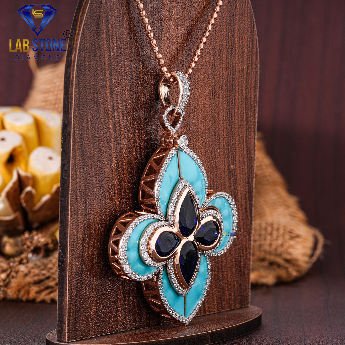 10.49 TDW Blue Pear Gemstone & Round Cut Diamond with Blue Enamel Custom Pendant
