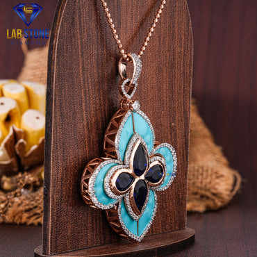 10.49 TDW Blue Pear Gemstone & Round Cut Diamond with Blue Enamel Custom Pendant