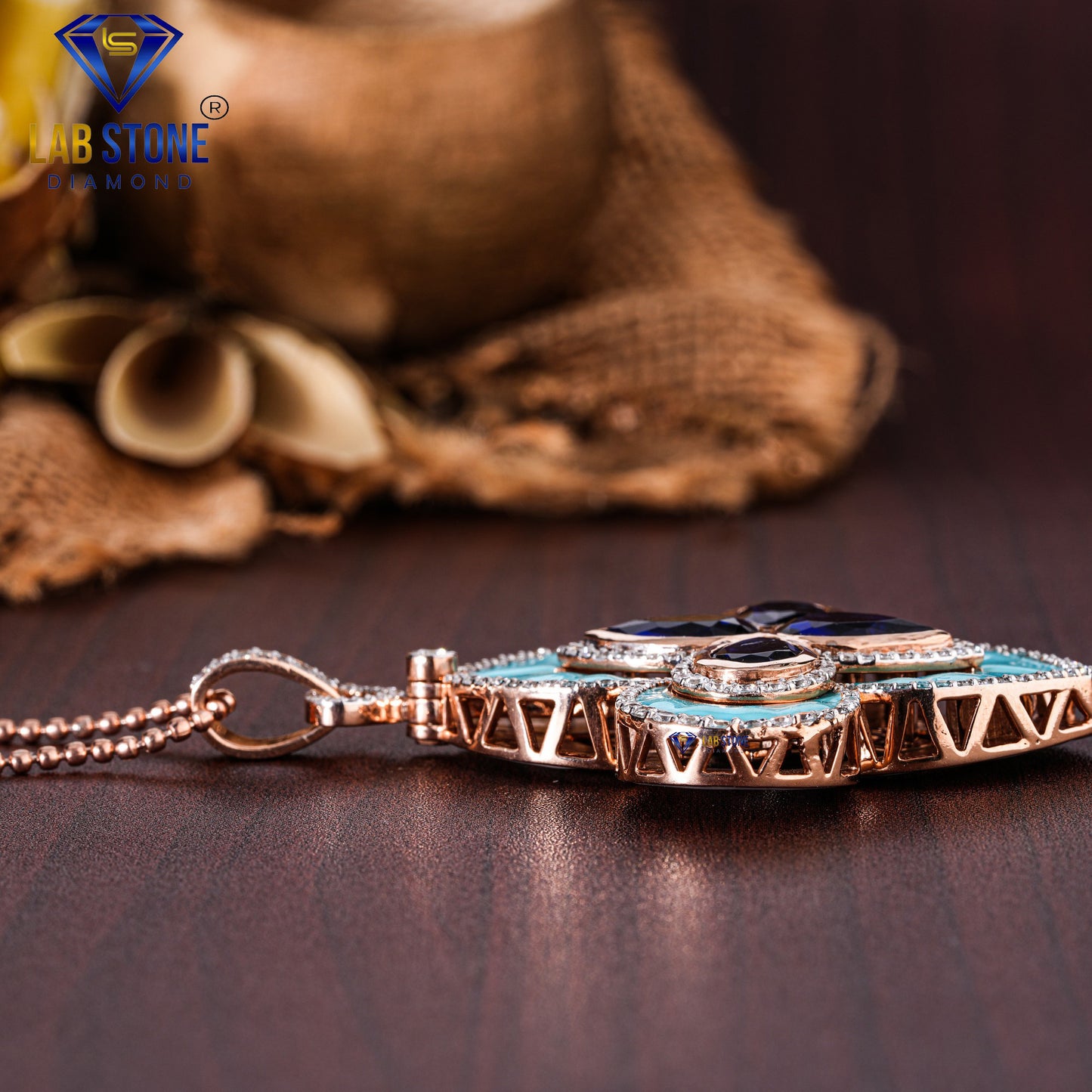 10.49 TDW Blue Pear Gemstone & Round Cut Diamond with Blue Enamel Custom Pendant