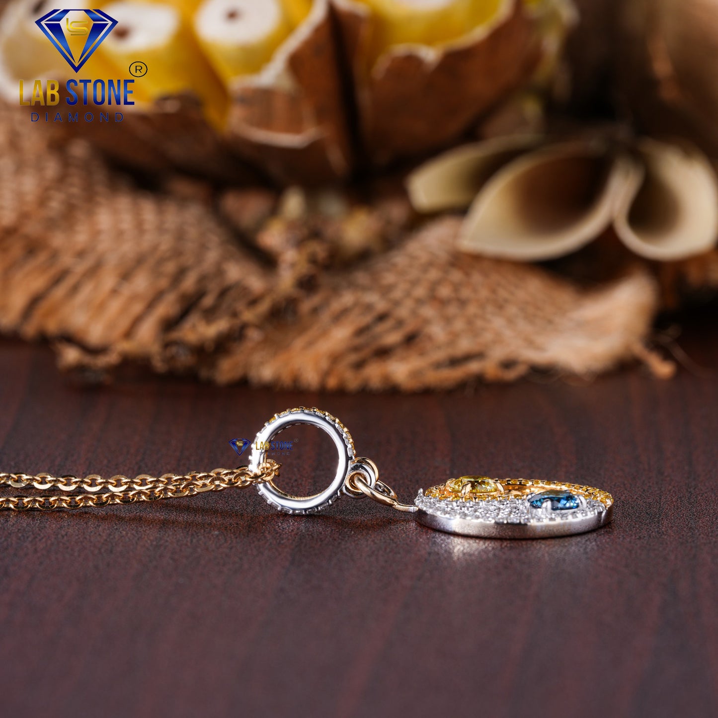 1.19 TDW Yellow & Blue Round Cut & Round Cut Diamond Custom Pendant