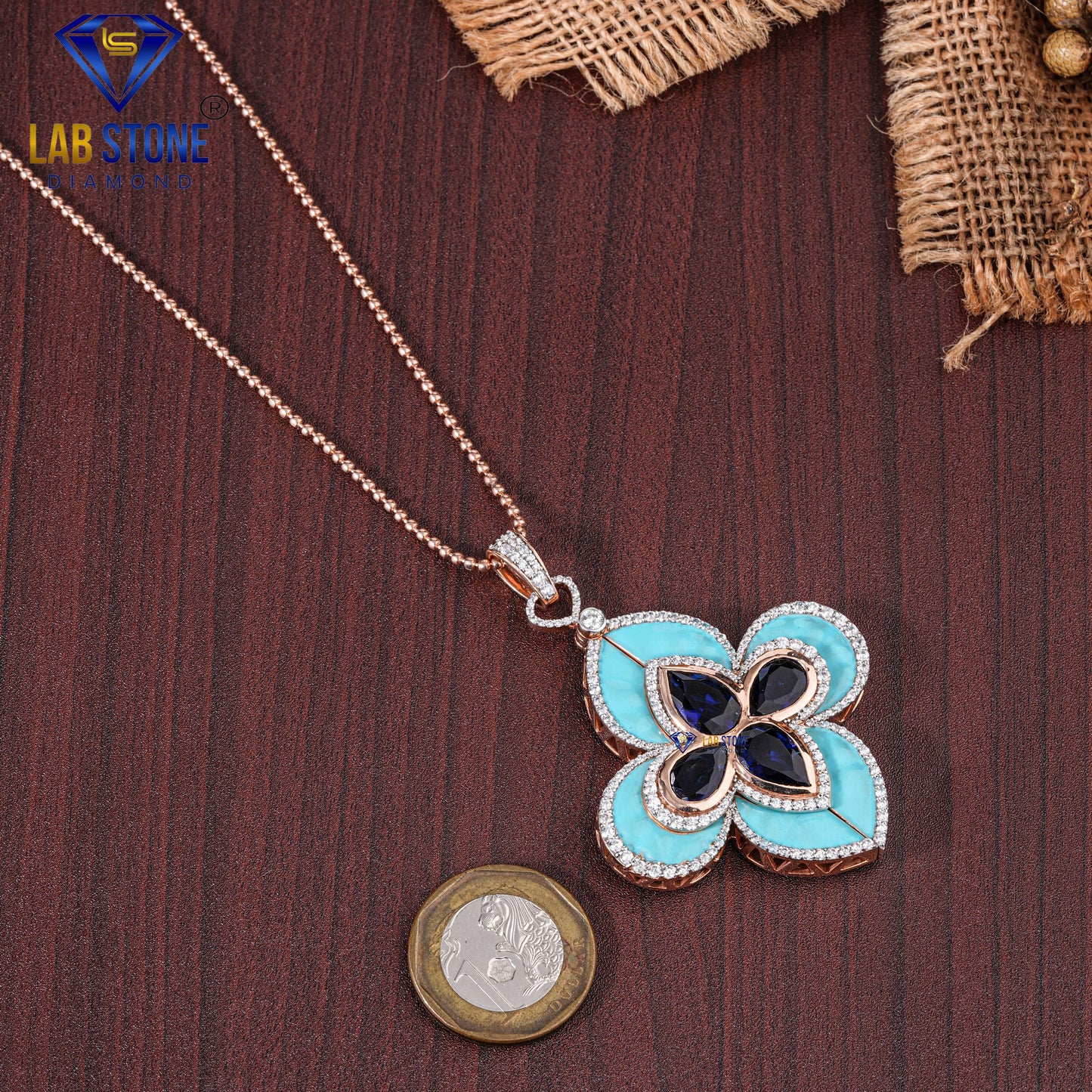 10.49 TDW Blue Pear Gemstone & Round Cut Diamond with Blue Enamel Custom Pendant