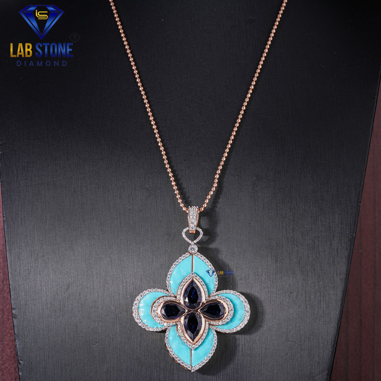 10.49 TDW Blue Pear Gemstone & Round Cut Diamond with Blue Enamel Custom Pendant