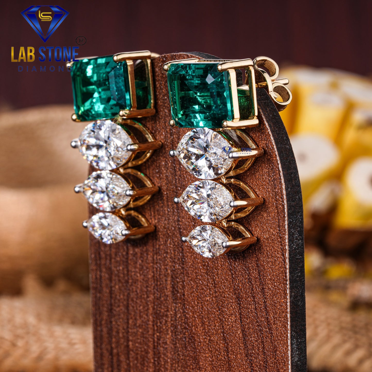 28.08 TDW Emerald Gemstone & Marquise Cut Diamond Drop & Dangle Earring