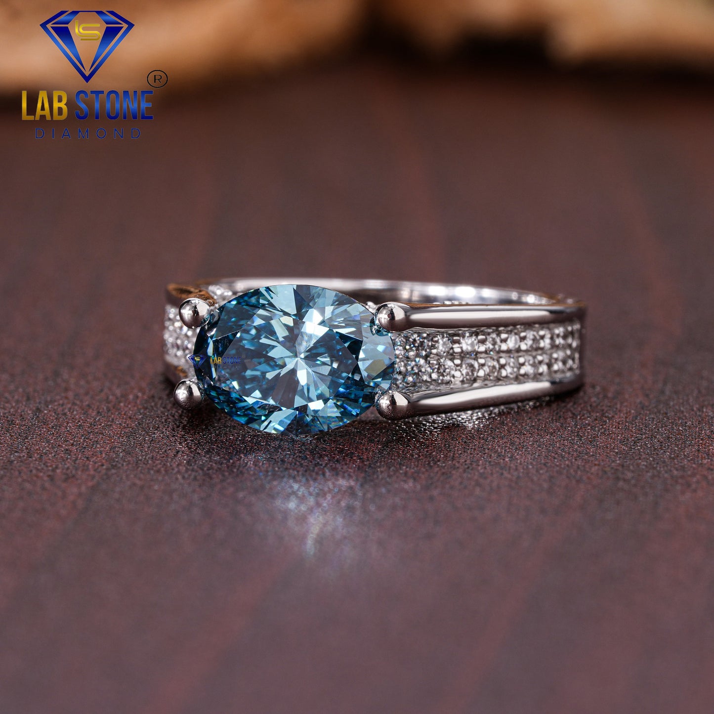 1.72 TDW F. Blue Oval & Round Cut Women’s Engagement Diamond Ring