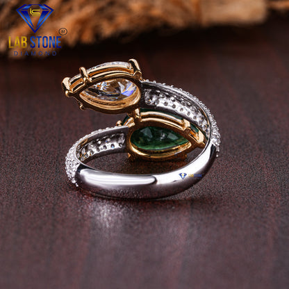 3.14 TDW Pear & Round Cut Diamond & F. Green Pear Gemstone Women’s Two Stone Spiral Ring