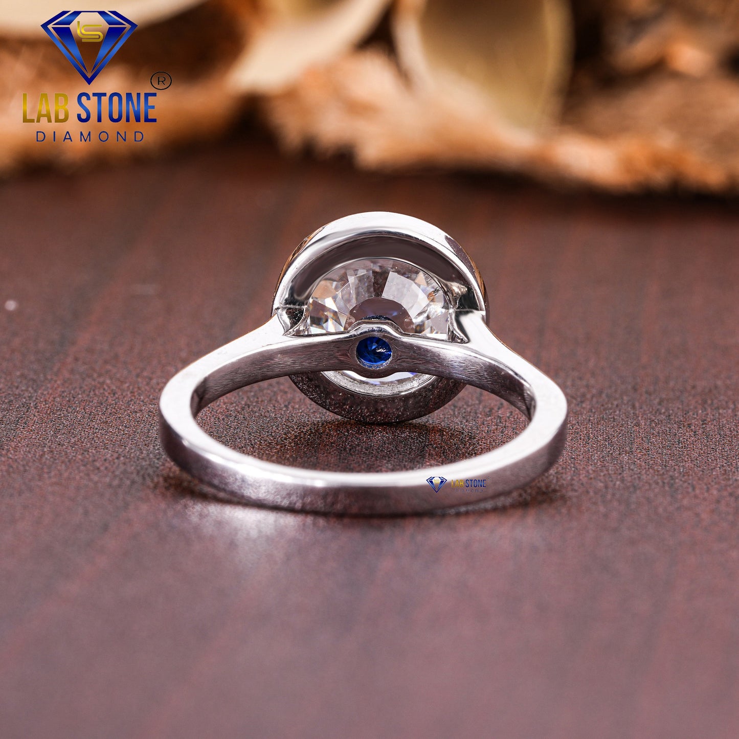 2.30 TDW Round Cut Diamond & Blue Round Gemstone Women’s Engagement Ring