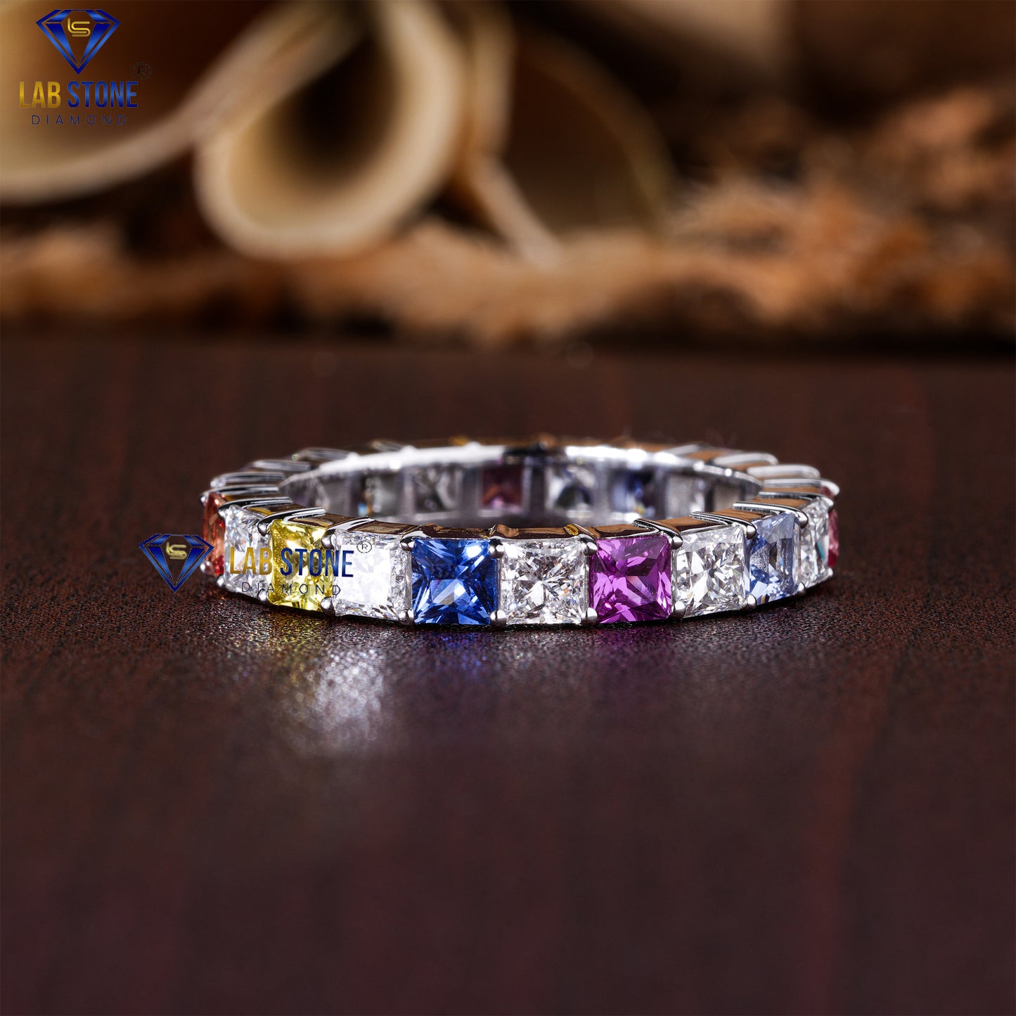 3.96 TDW Princess Cut Diamond & Gemstone Women's Eternity Band