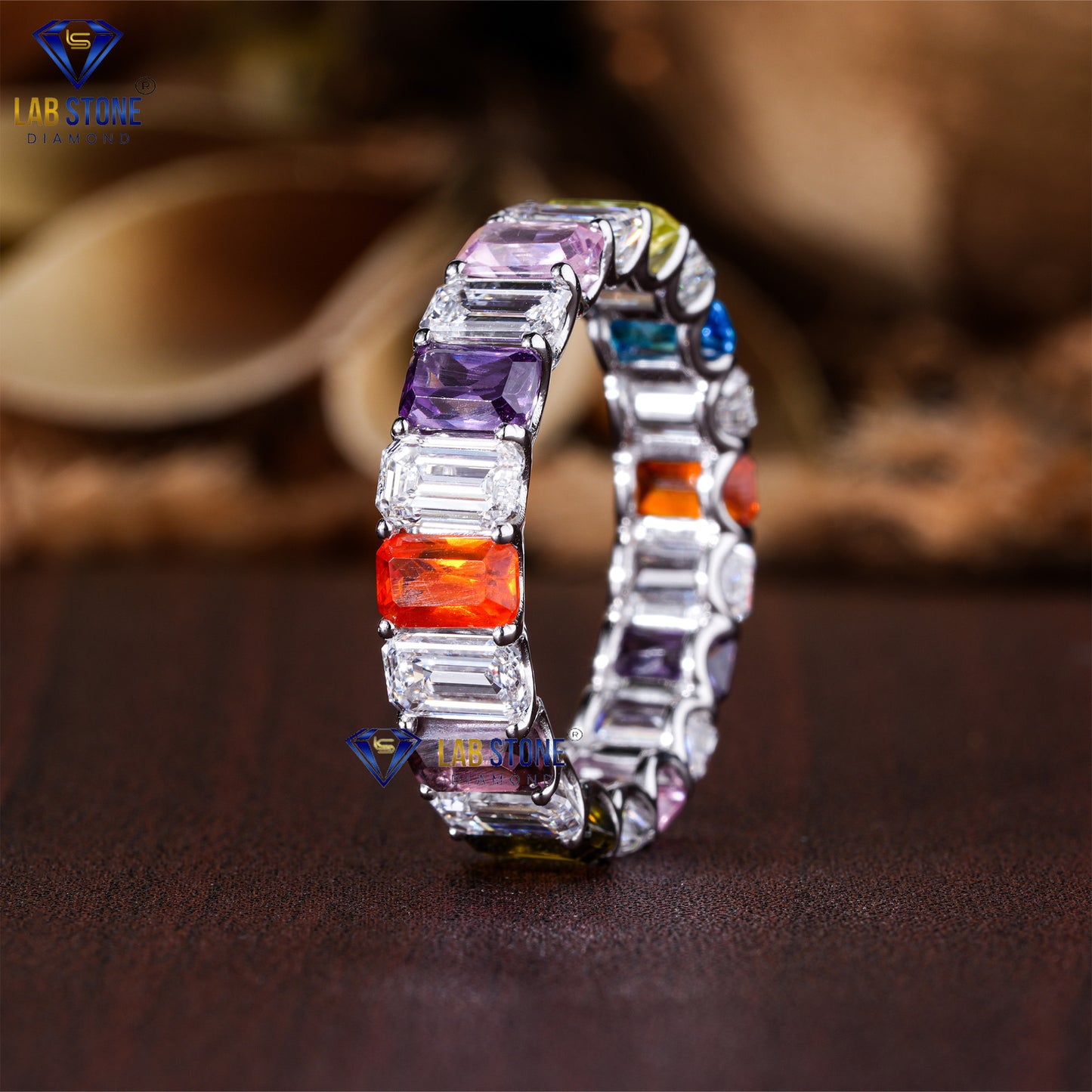 5.37 TDW Emerald Cut Diamond & Gemstone Women's Eternity Band