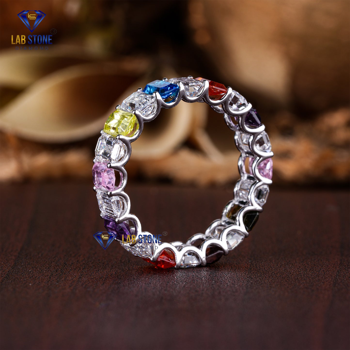 5.37 TDW Emerald Cut Diamond & Gemstone Women's Eternity Band