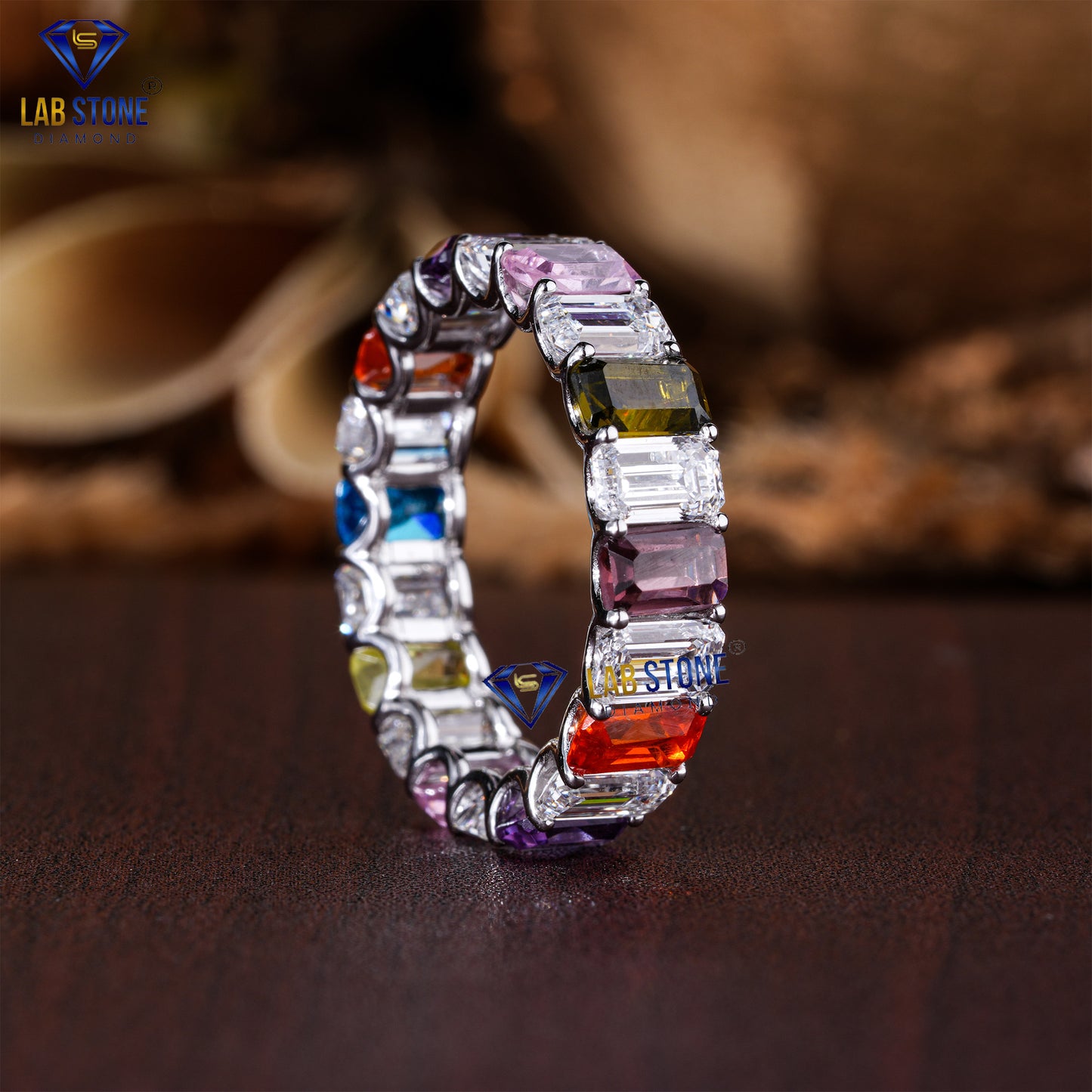 5.37 TDW Emerald Cut Diamond & Gemstone Women's Eternity Band