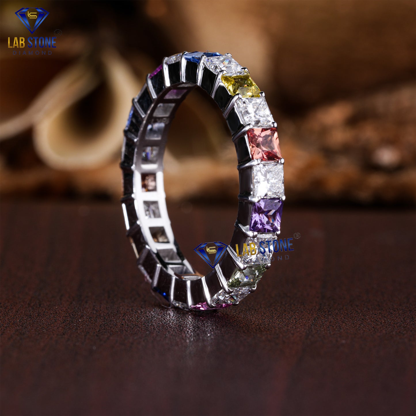 3.96 TDW Princess Cut Diamond & Gemstone Women's Eternity Band