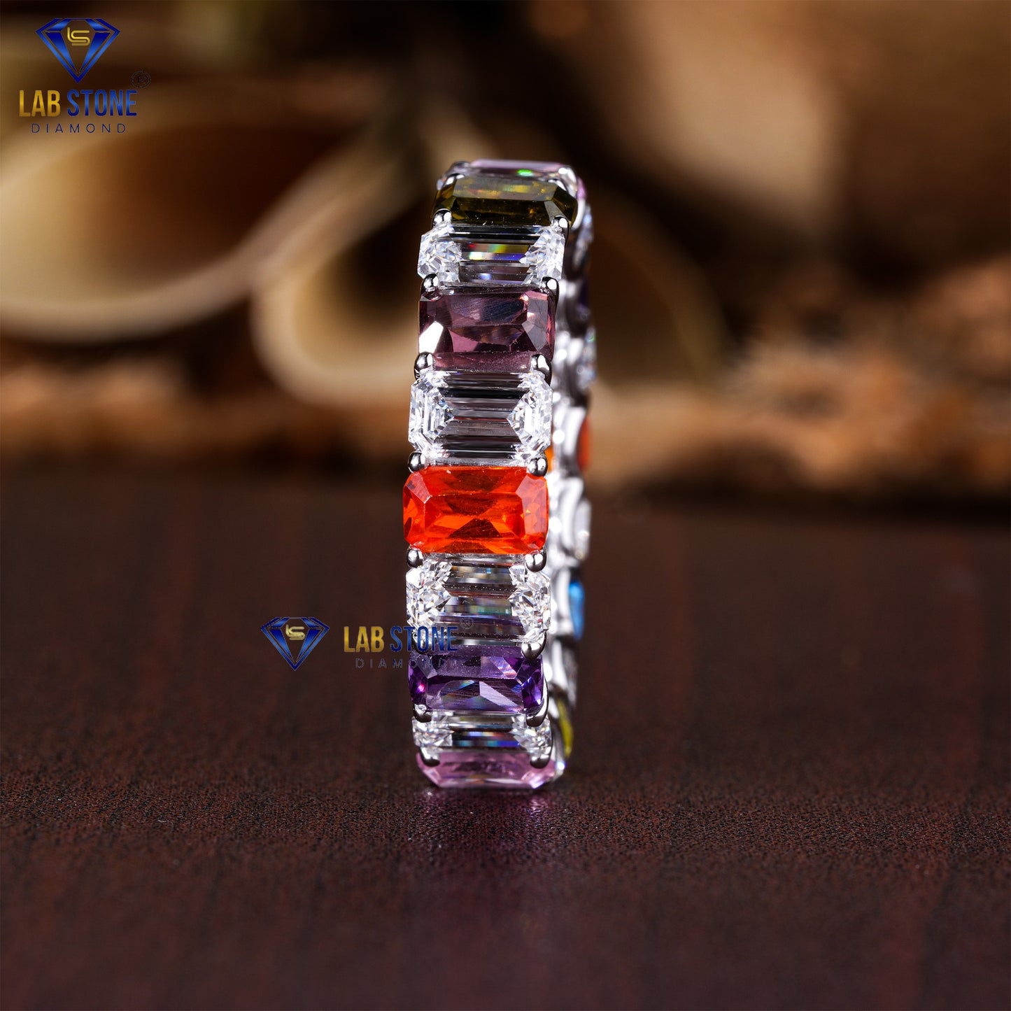 5.37 TDW Emerald Cut Diamond & Gemstone Women's Eternity Band