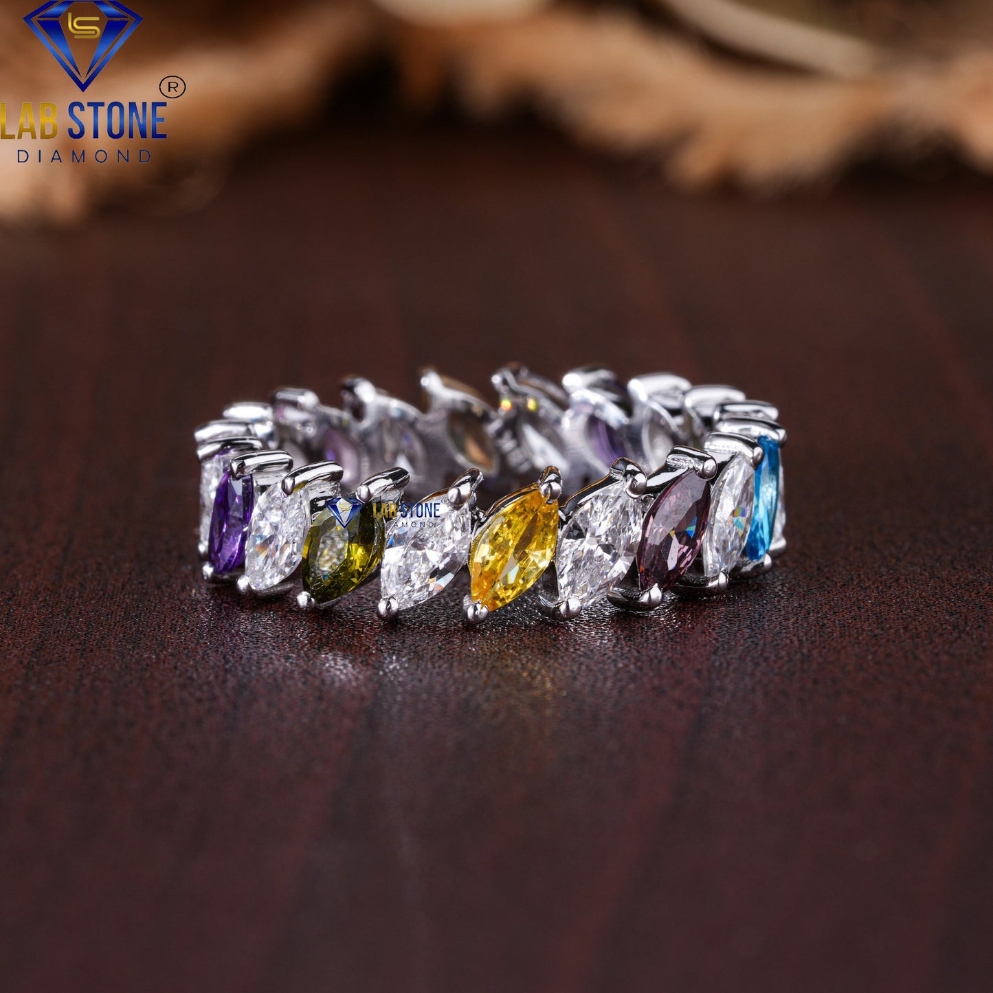 3.20 TDW Marquise Cut Diamond & Gemstone Women's Eternity Band