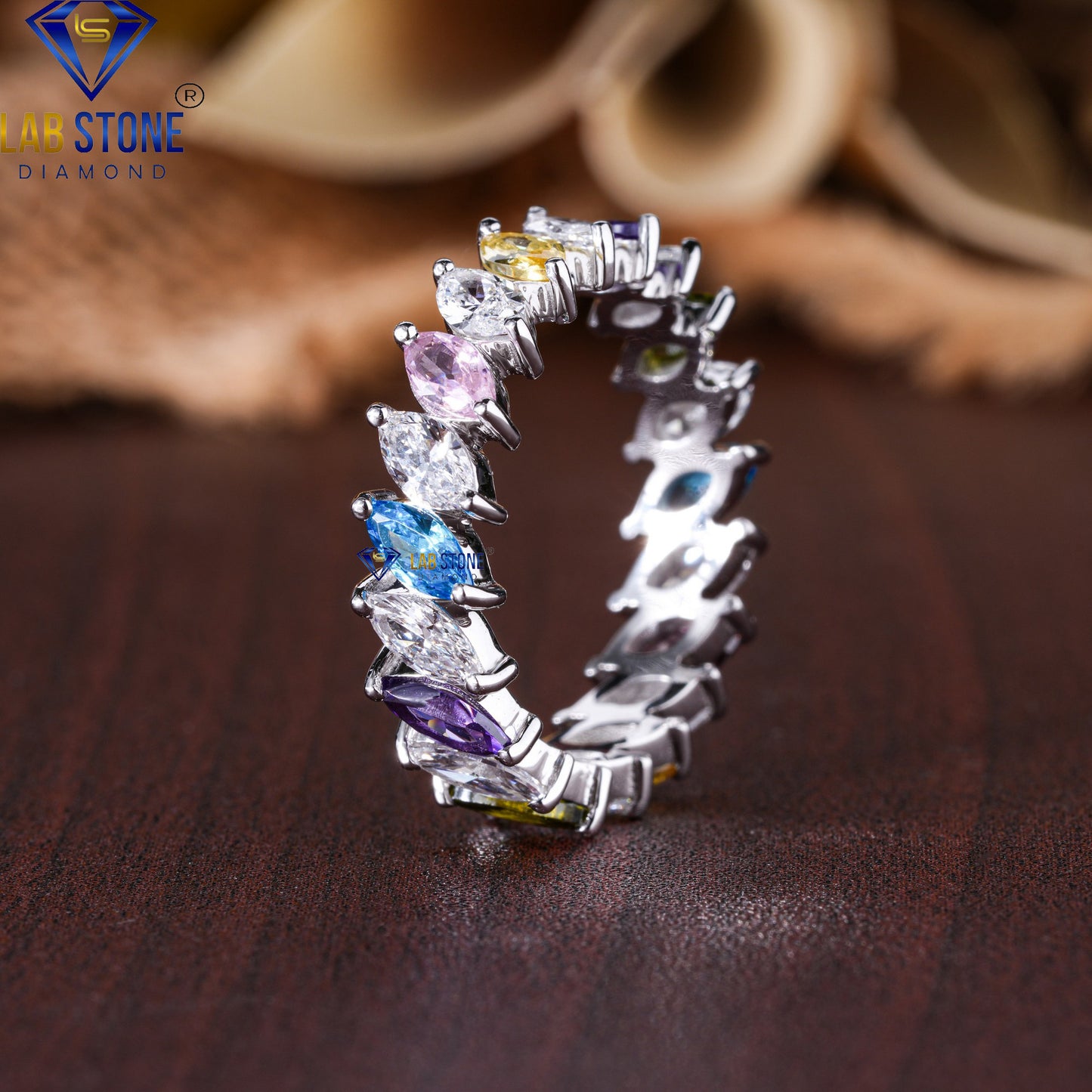 3.20 TDW Marquise Cut Diamond & Gemstone Women's Eternity Band