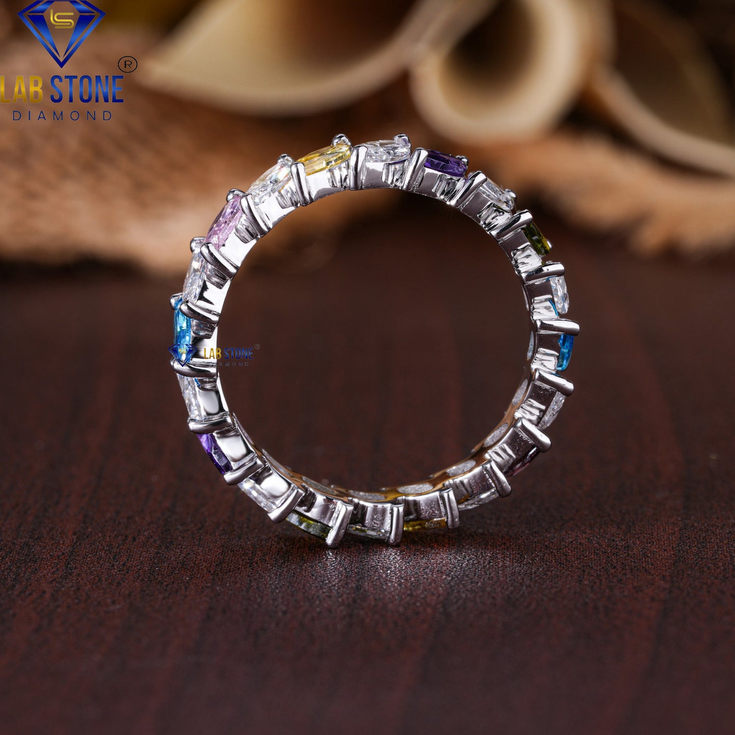 3.20 TDW Marquise Cut Diamond & Gemstone Women's Eternity Band