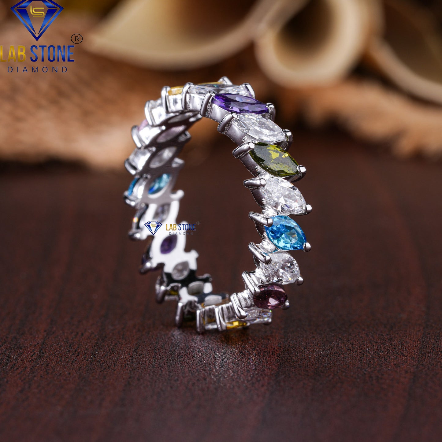 3.20 TDW Marquise Cut Diamond & Gemstone Women's Eternity Band