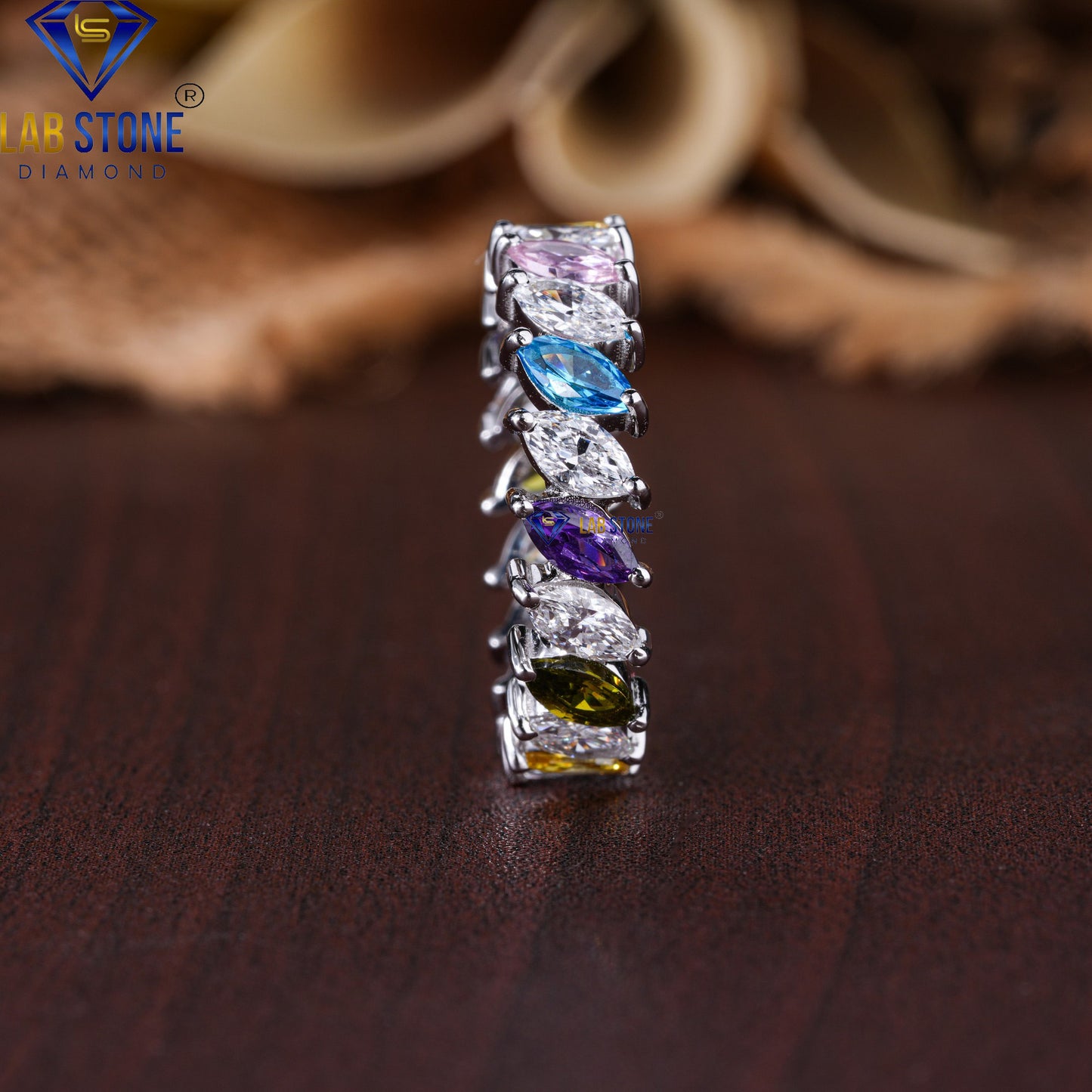 3.20 TDW Marquise Cut Diamond & Gemstone Women's Eternity Band