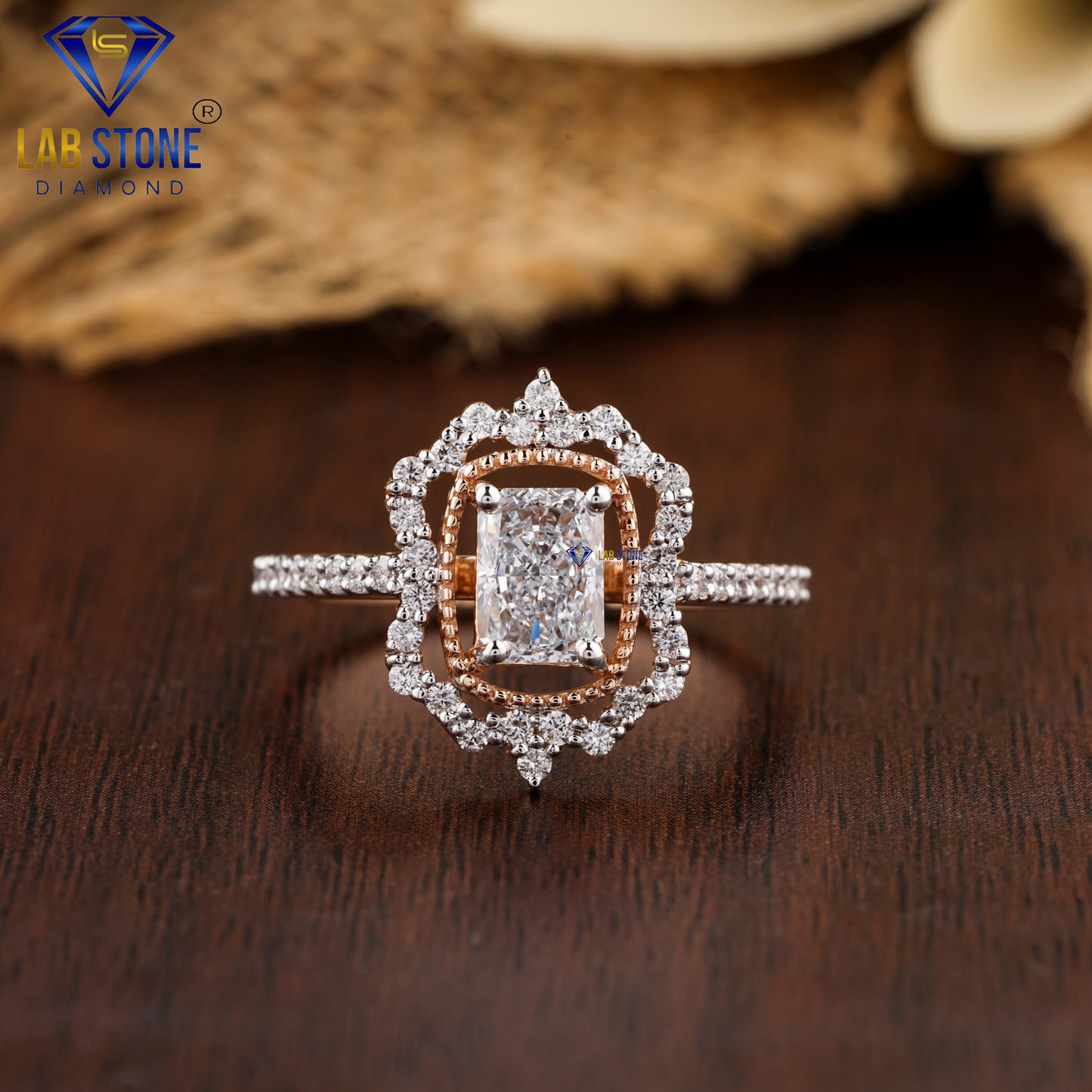 1.32 TDW Radiant & Round Cut Women’s Diamond Halo Ring