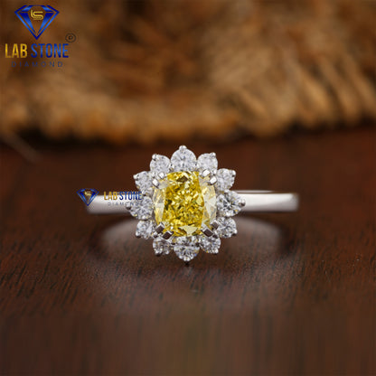 1.42 TDW Fancy Yellow Cushion & Round Cut Daimond Women’s Halo Ring