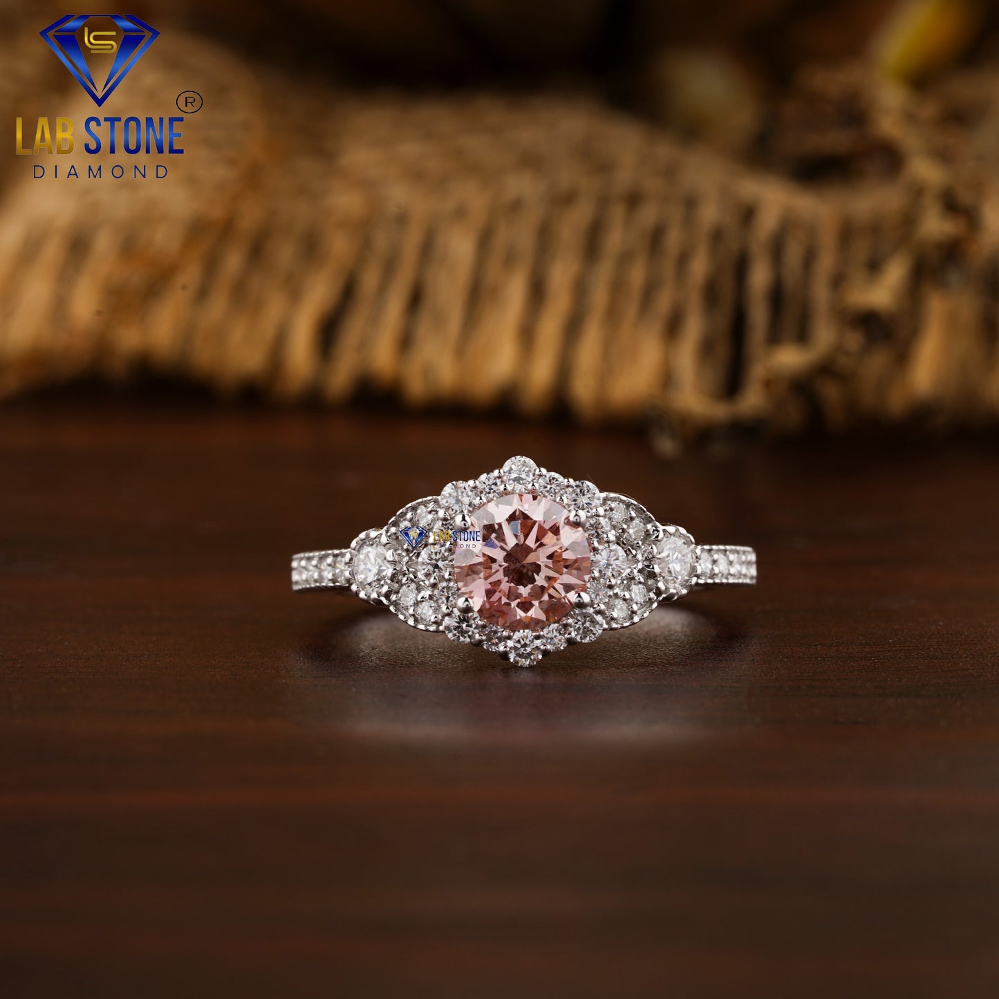 1.26 TDW Fancy Pink Round Cut Women’s Halo Diamond Ring