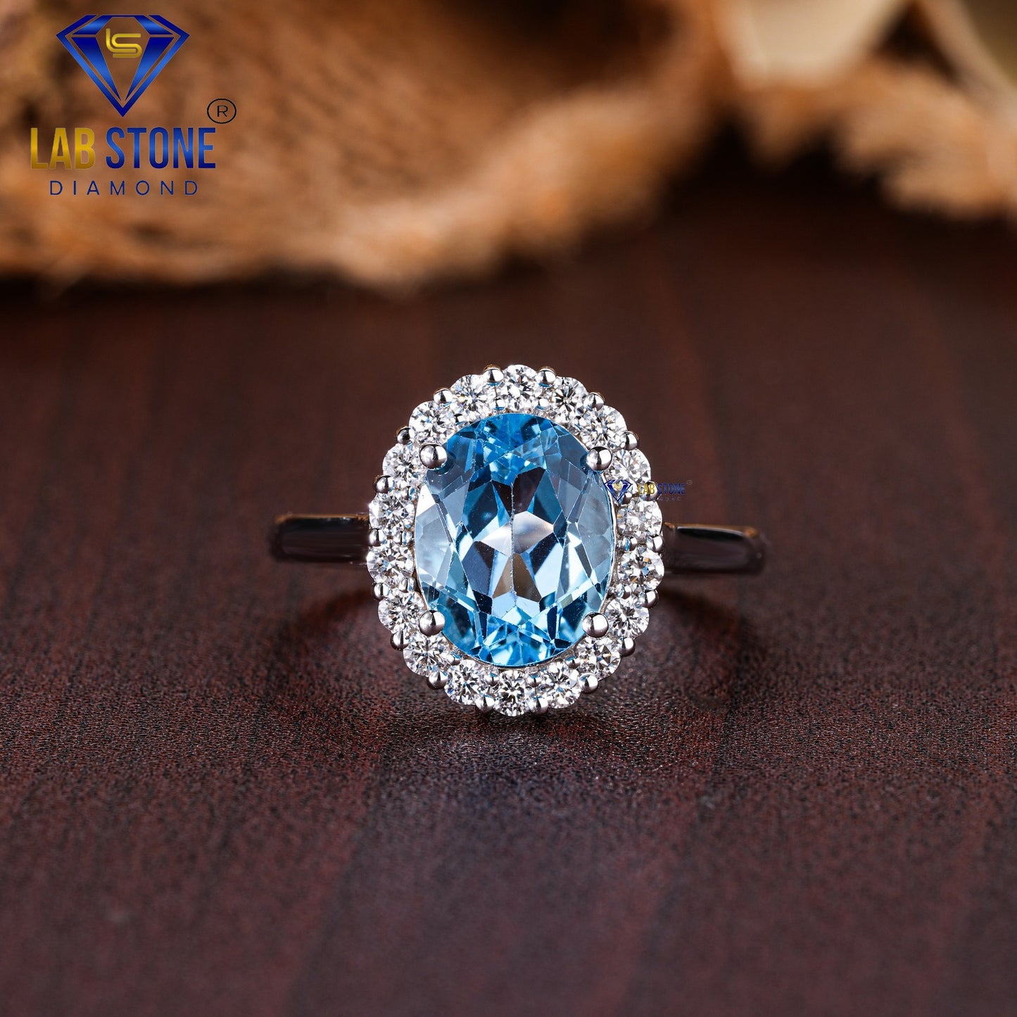 2.32 TDW F. Blue Oval & Round Cut Women’s Halo Diamond Ring
