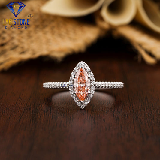 0.92 TDW Round & Fancy Pink Marquise Cut Diamond Halo Ring