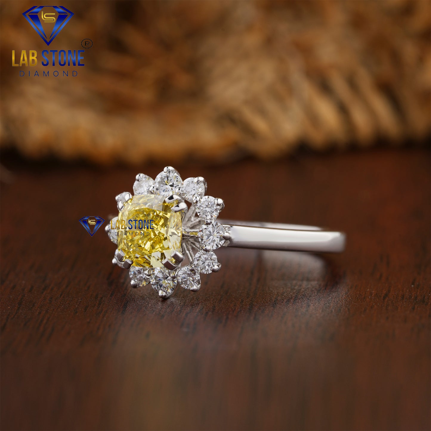 1.42 TDW Fancy Yellow Cushion & Round Cut Daimond Women’s Halo Ring