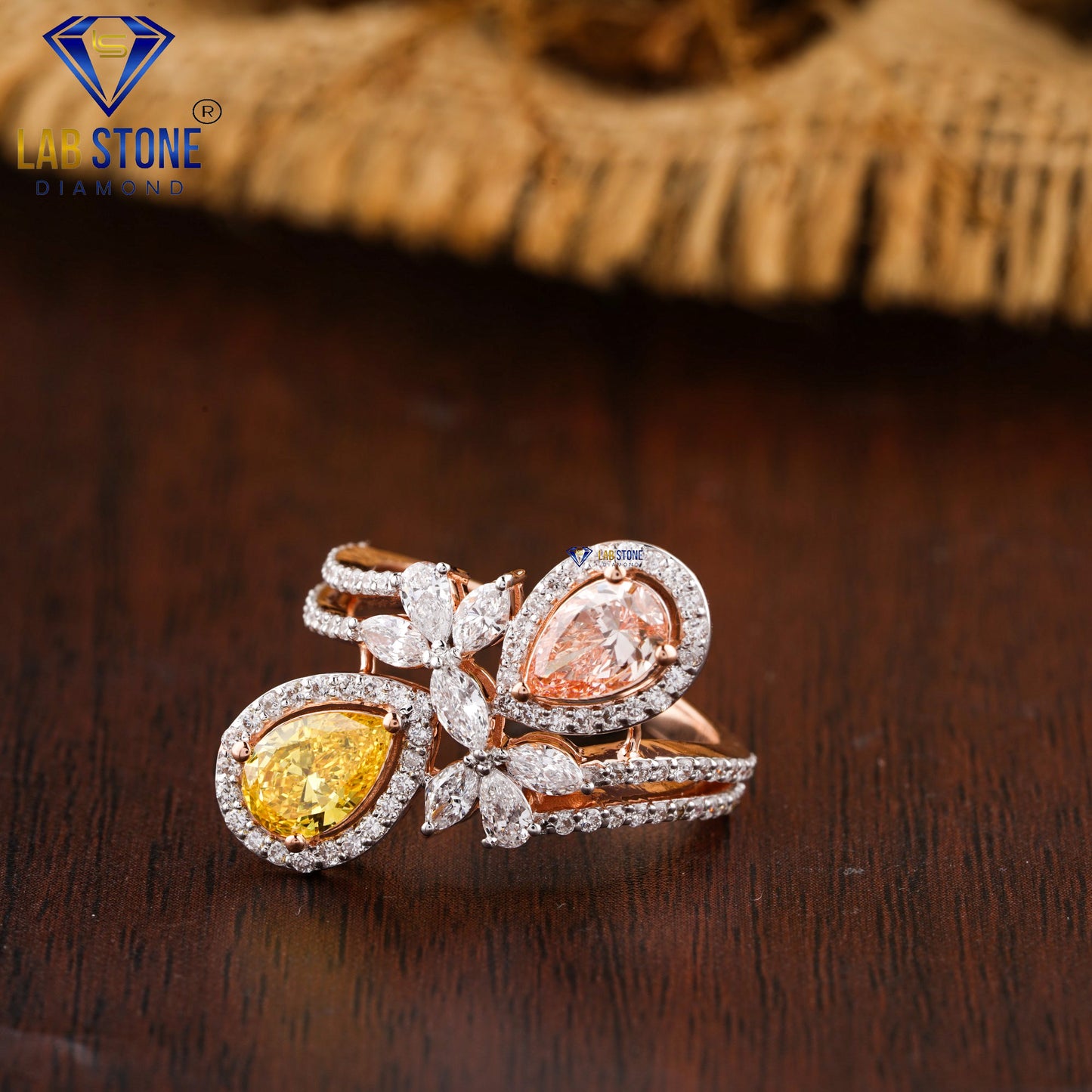 1.68 TDW Fancy Pink, Fancy Yellow Pear, Marquise & Round Cut Women’s Diamond Halo Ring