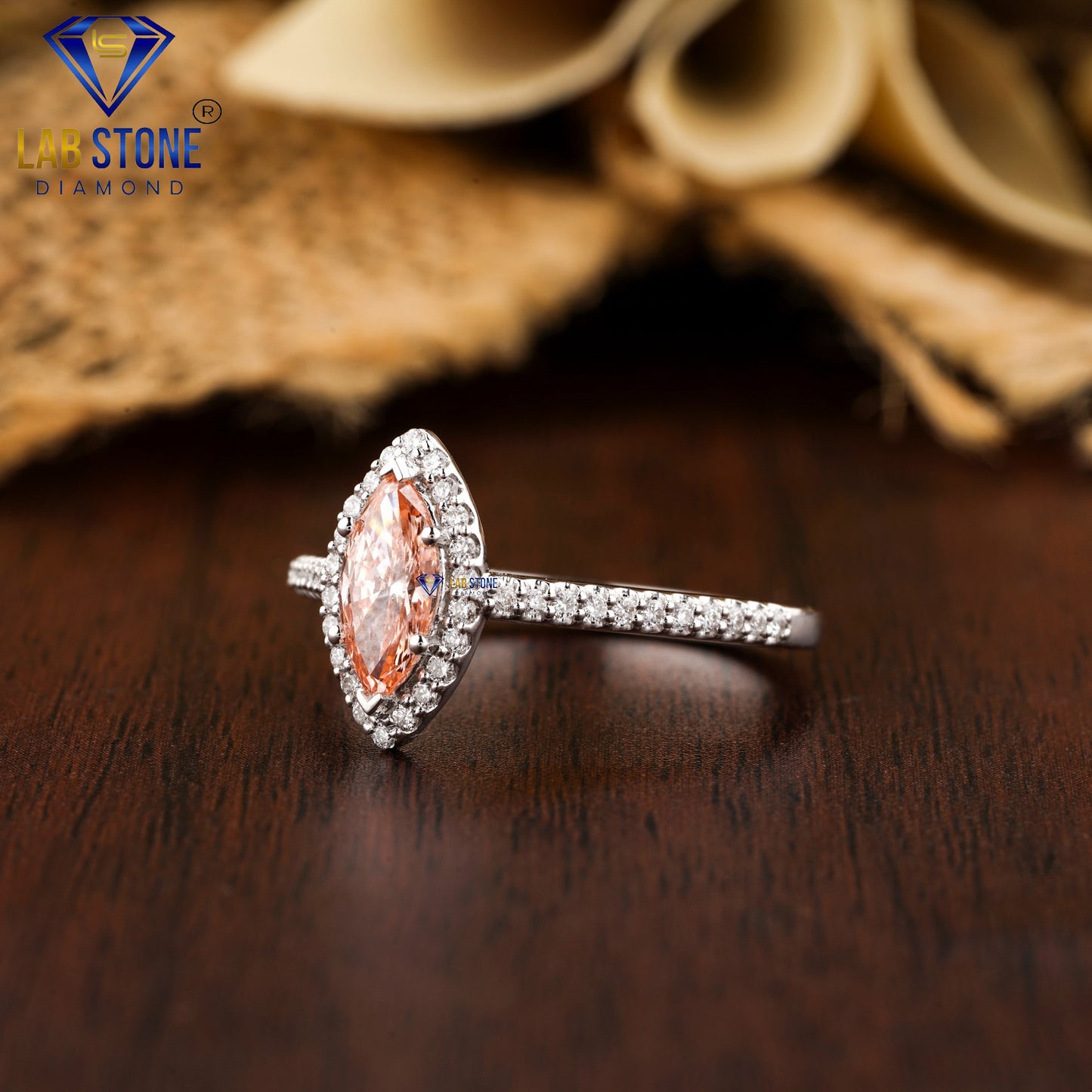 0.92 TDW Round & Fancy Pink Marquise Cut Diamond Halo Ring