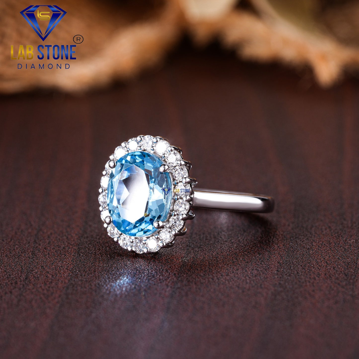 2.32 TDW F. Blue Oval & Round Cut Women’s Halo Diamond Ring