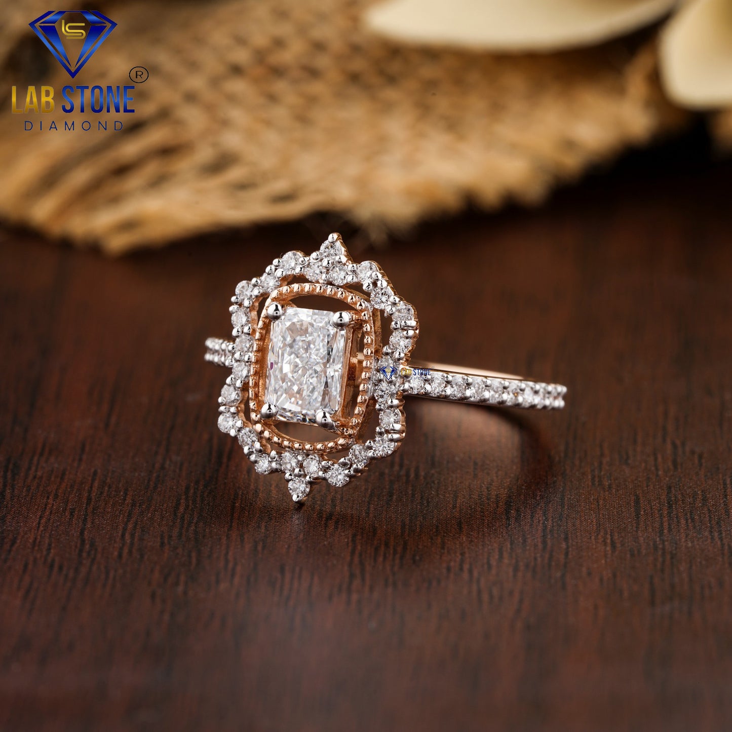 1.32 TDW Radiant & Round Cut Women’s Diamond Halo Ring