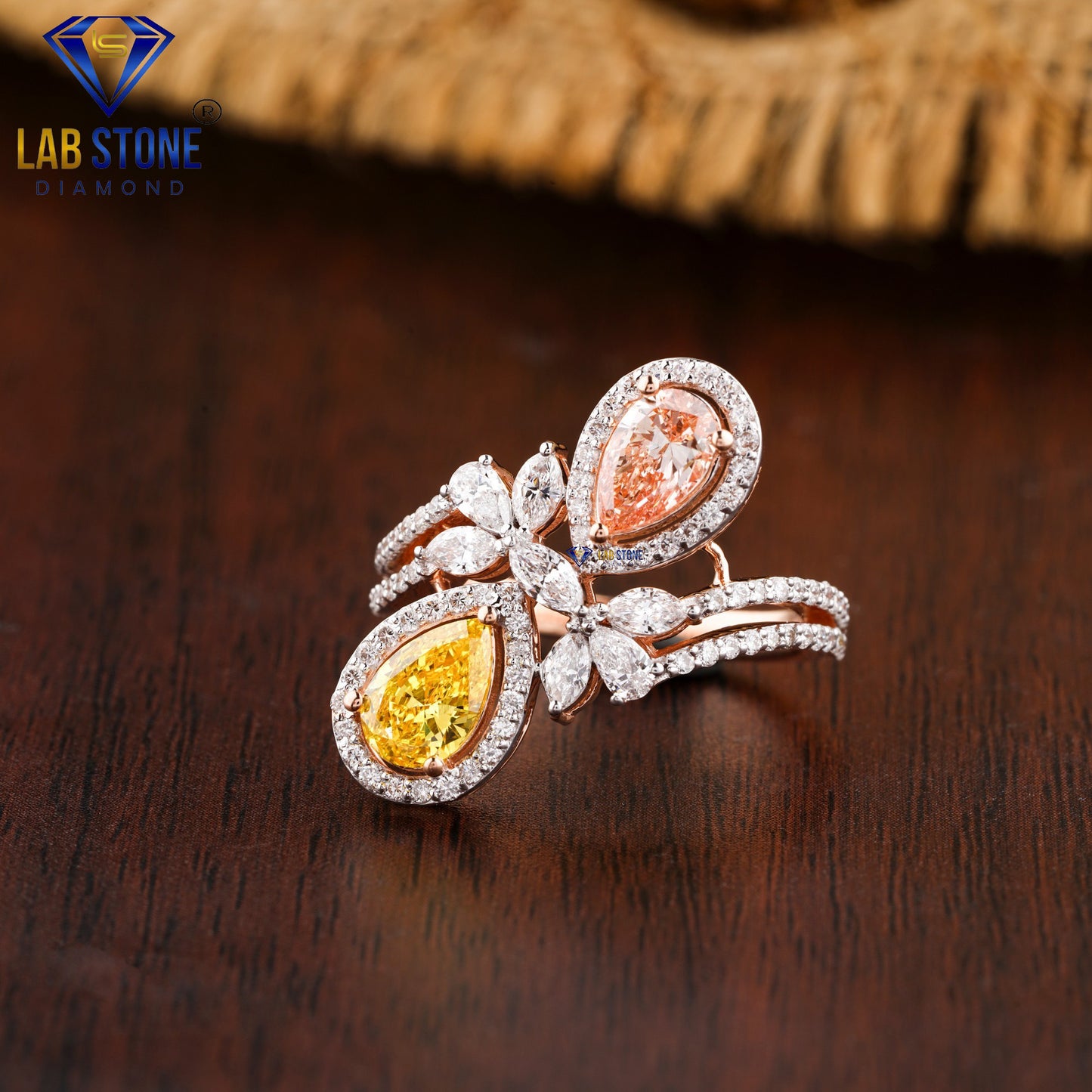 1.68 TDW Fancy Pink, Fancy Yellow Pear, Marquise & Round Cut Women’s Diamond Halo Ring