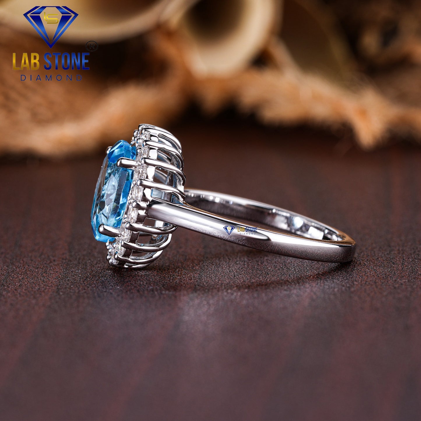 2.32 TDW F. Blue Oval & Round Cut Women’s Halo Diamond Ring