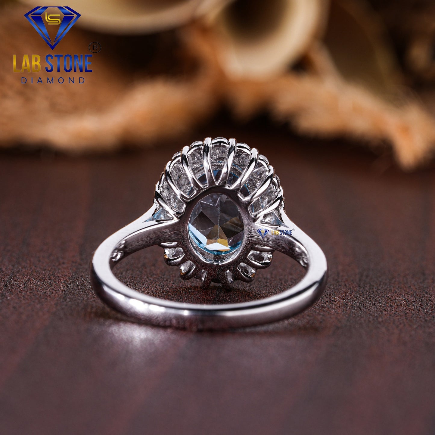 2.32 TDW F. Blue Oval & Round Cut Women’s Halo Diamond Ring