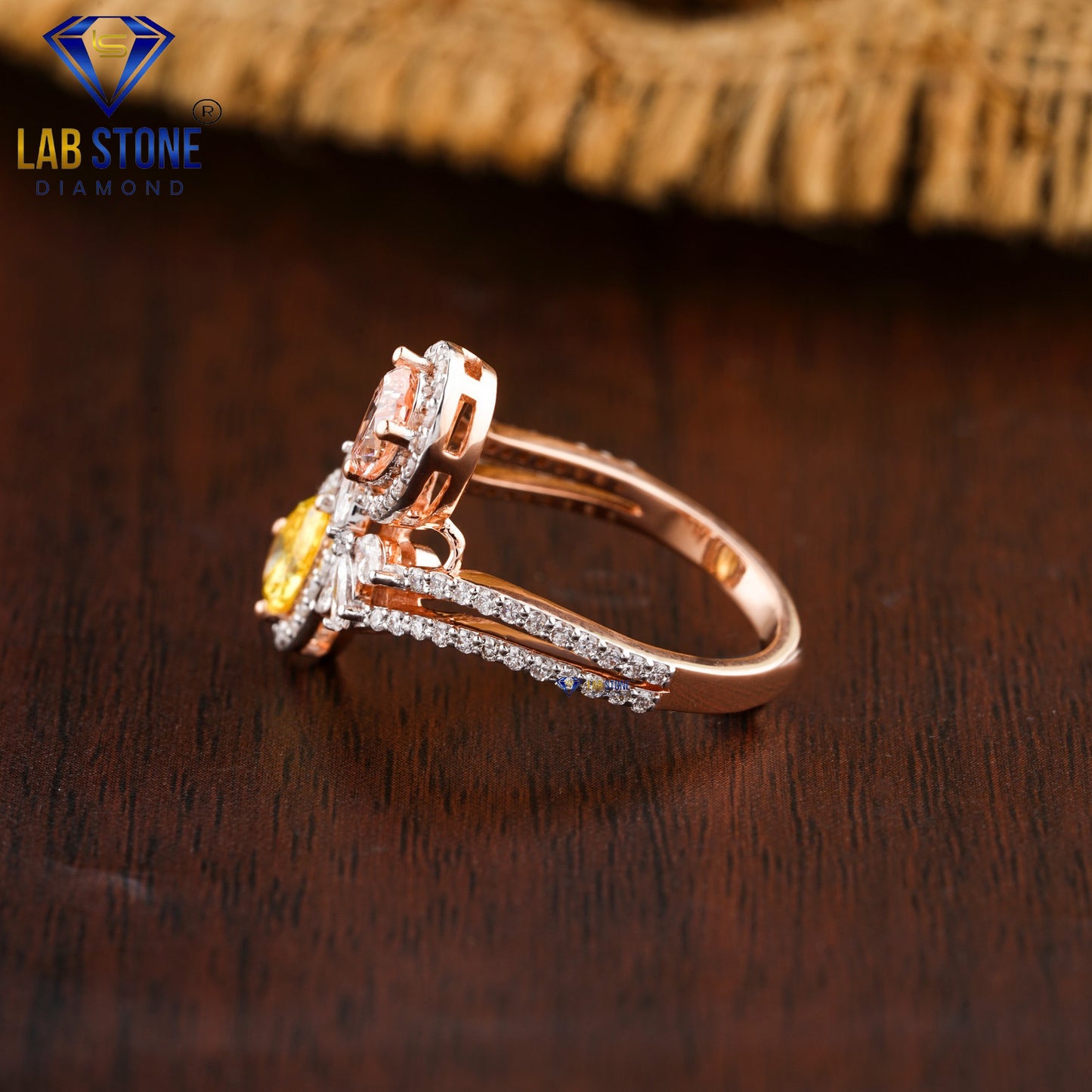 1.68 TDW Fancy Pink, Fancy Yellow Pear, Marquise & Round Cut Women’s Diamond Halo Ring