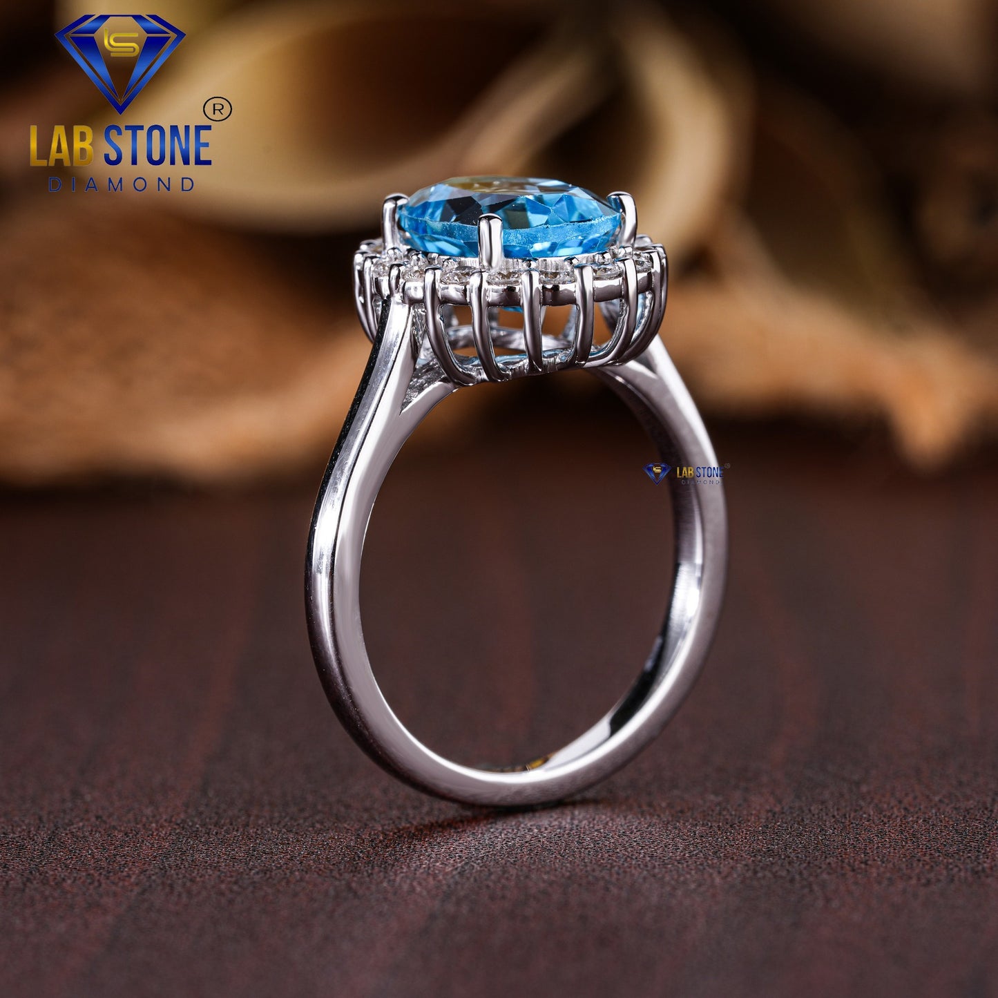 2.32 TDW F. Blue Oval & Round Cut Women’s Halo Diamond Ring