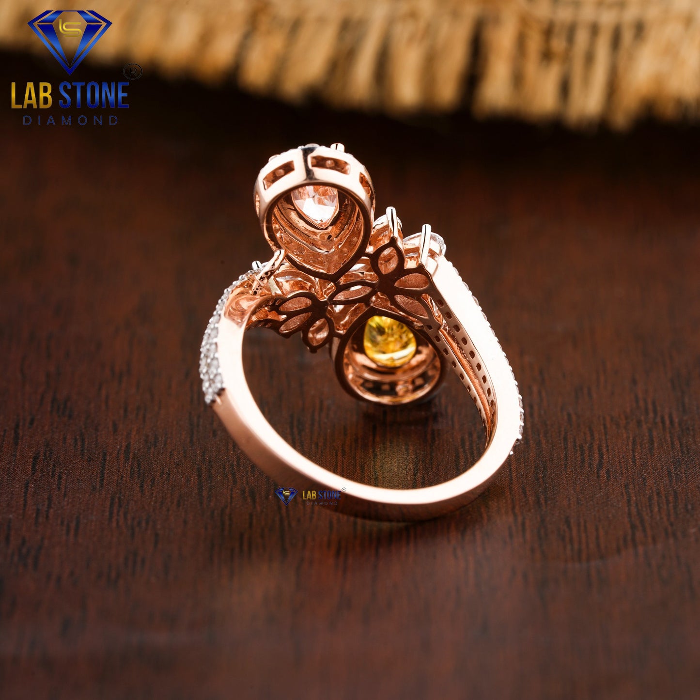 1.68 TDW Fancy Pink, Fancy Yellow Pear, Marquise & Round Cut Women’s Diamond Halo Ring