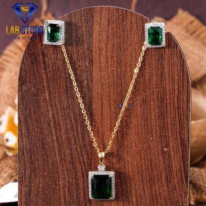7.40 TDW Emerald Gemstone & Round Cut Diamond Pendant & Earring