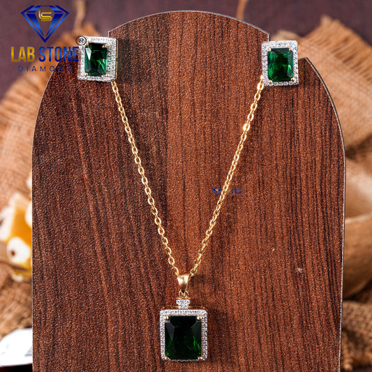 7.40 TDW Emerald Gemstone & Round Cut Diamond Pendant & Earring