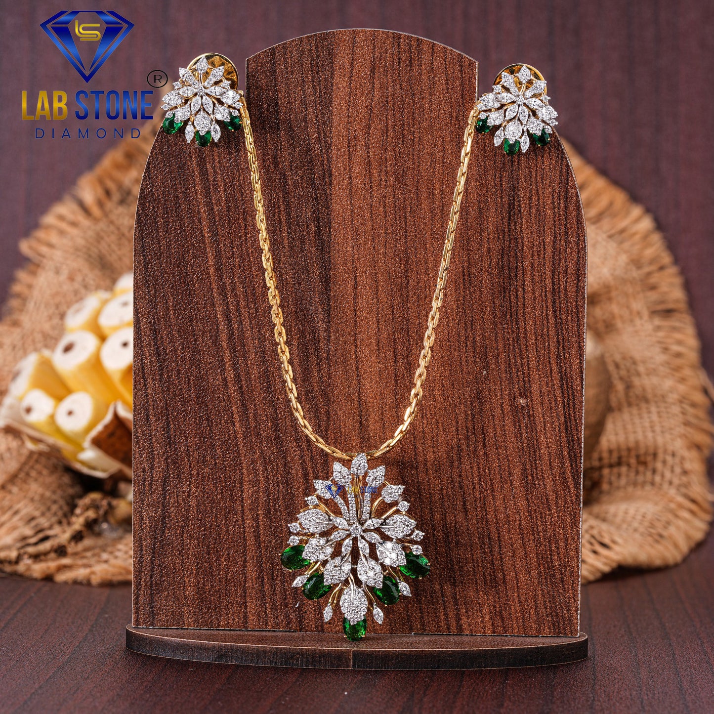 3.62 TDW Emerald Oval & Round & Marquise Cut Diamond Pendant & Earring