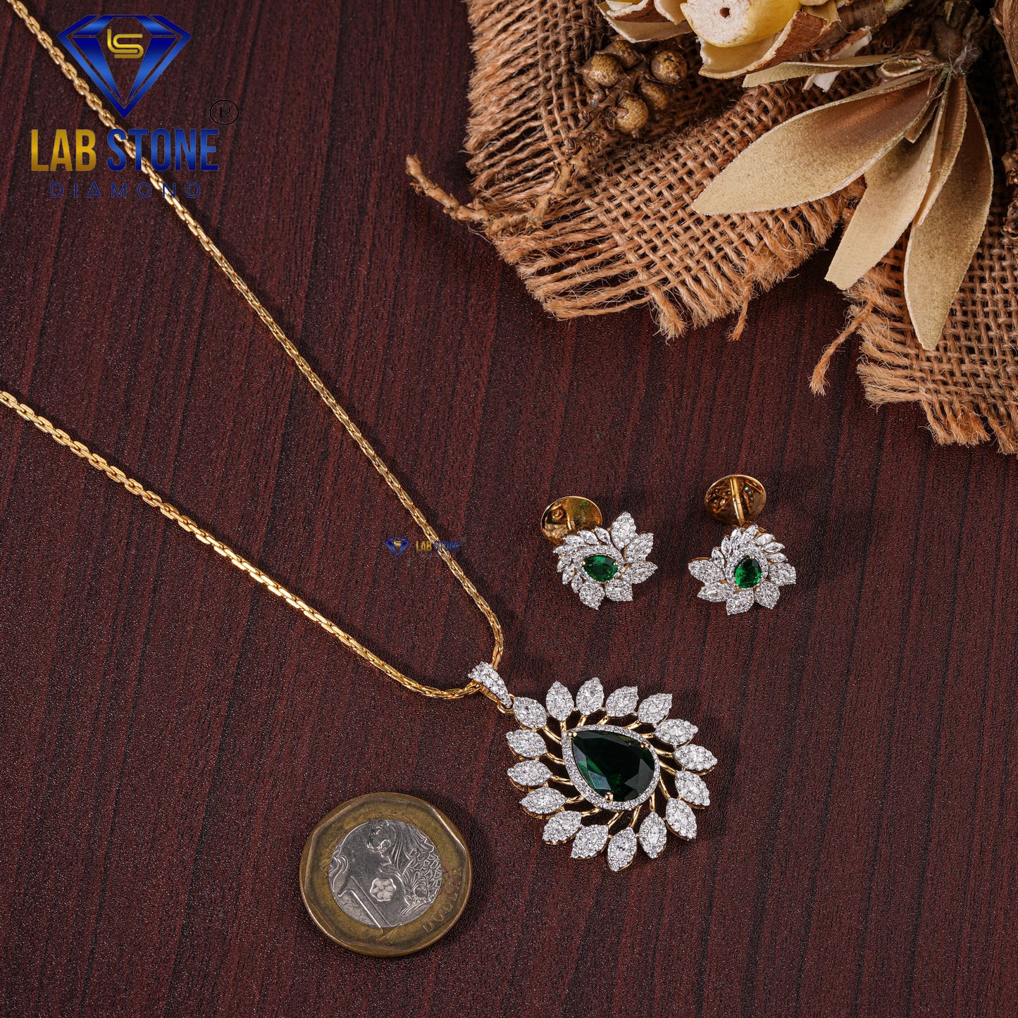 8.07 TDW Emerald Pear , Round & Marquise Cut Diamond Pendant & Earring