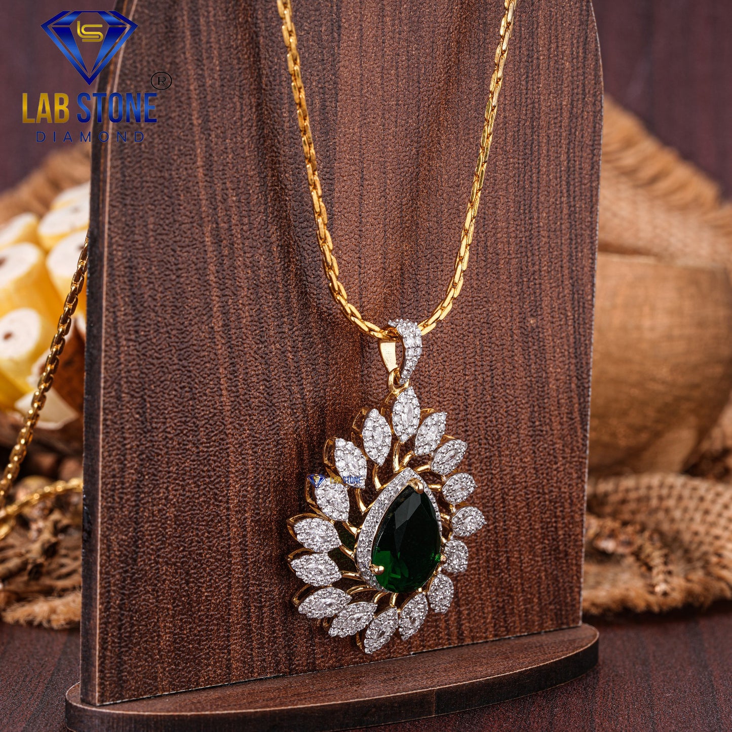 8.07 TDW Emerald Pear , Round & Marquise Cut Diamond Pendant & Earring