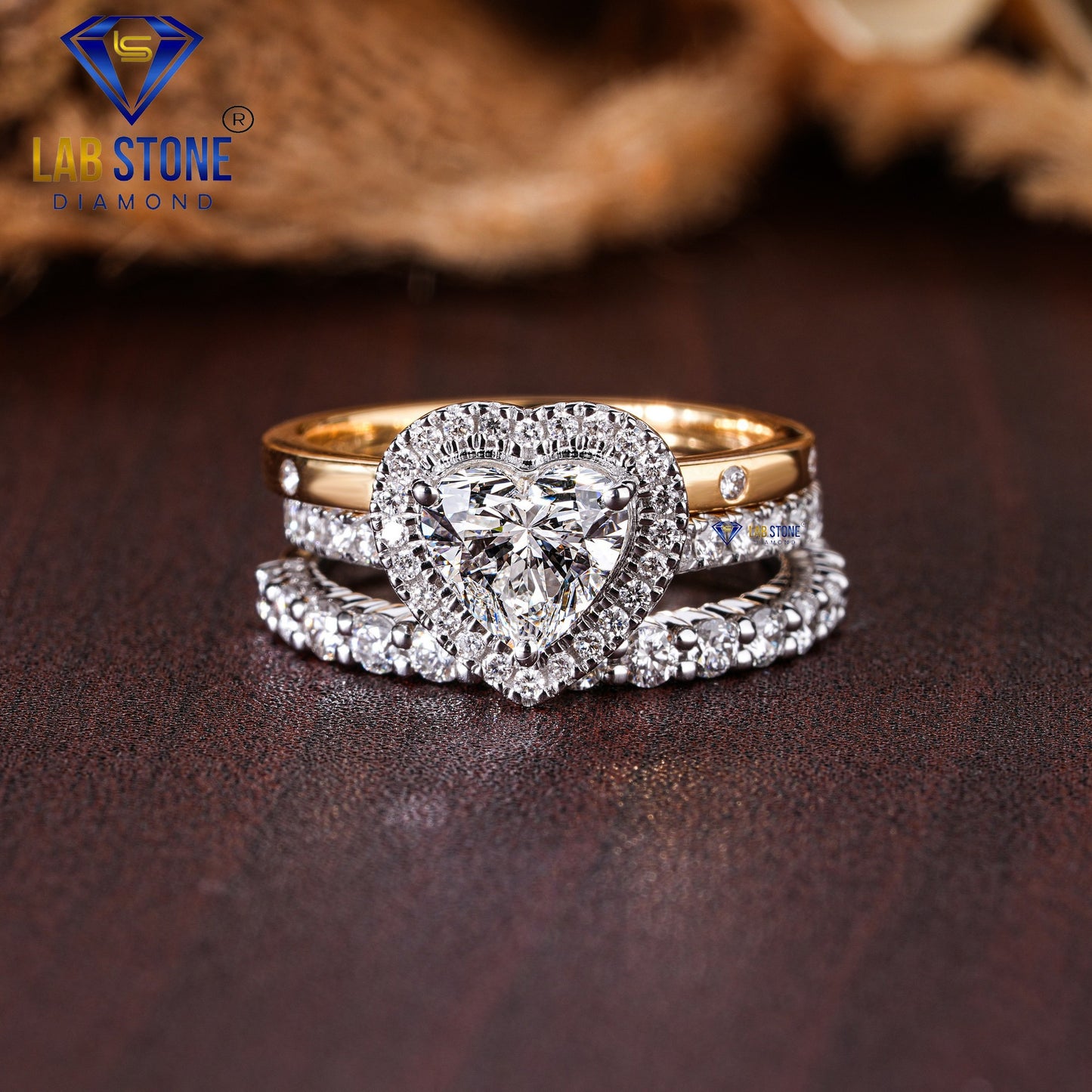 1.95 TDW Heart cut Diamond Women's Halo Ring with Round cut Diamond Bands