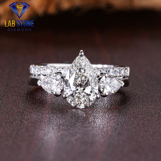 1.79 TDW Pear & Round Cut Women’s Three Stone Diamond Ring with Band