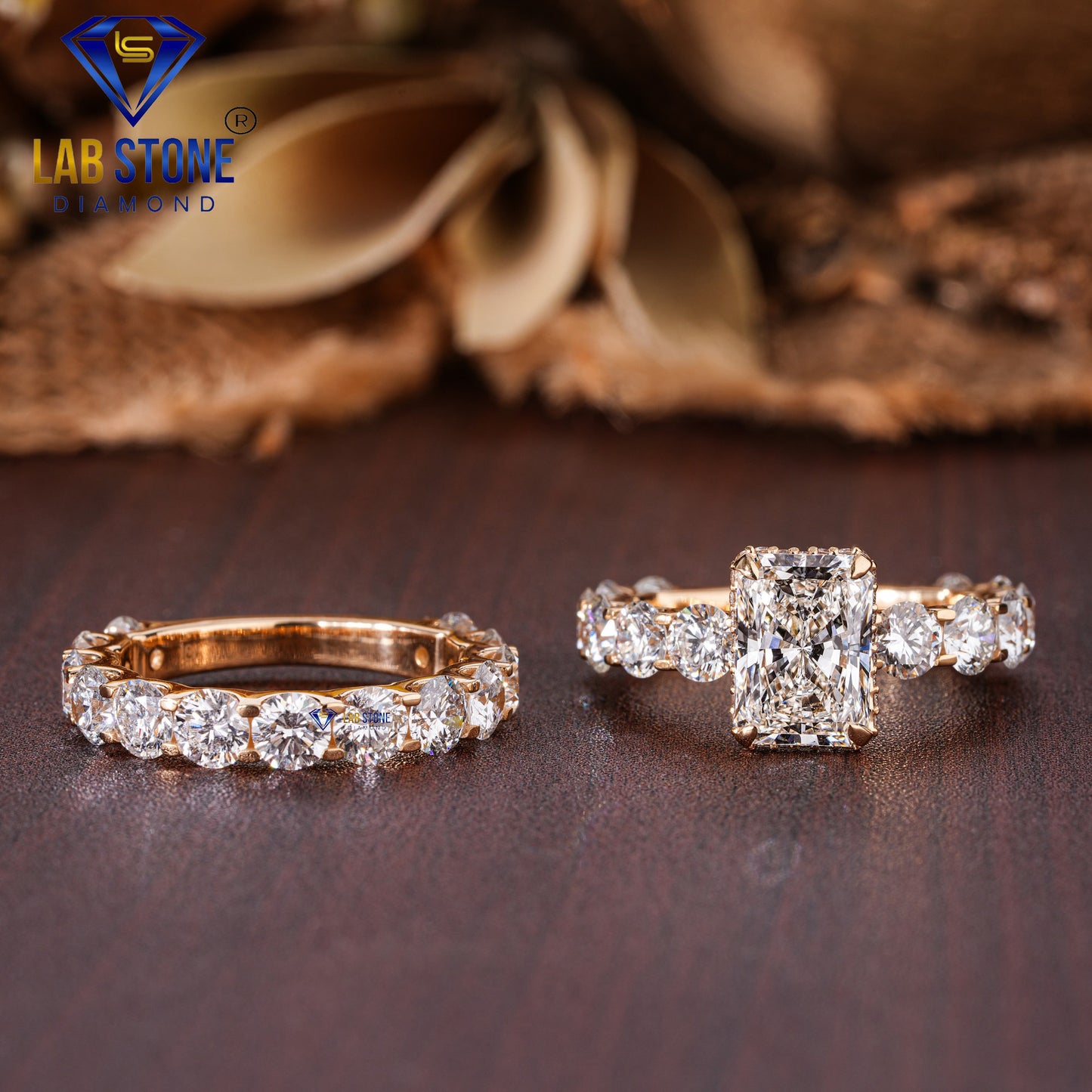 8.26 TDW Radiant & Round Cut Women’s Diamond Ring with Matching Band